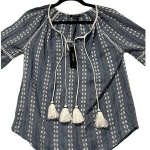 Love Sam Anthropologie Blue White Tassel Peasant Blouse LSSP 17-3129 Small NEW